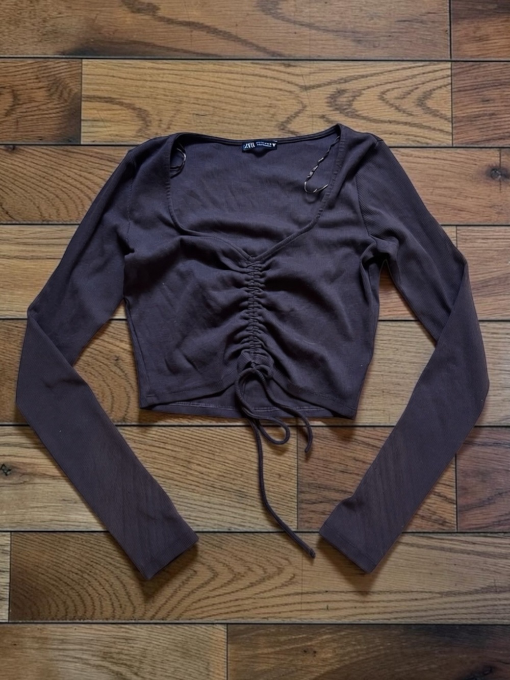 Zara Women’s Chocolate Brown Ruched Long Sleeve Crop Top Size L